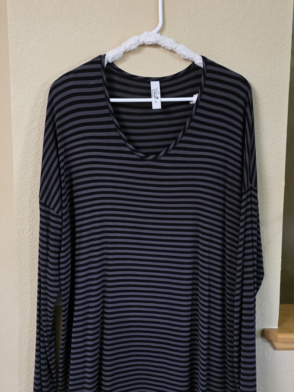 Yala Black and Charcoal Striped Long Sleeve V-Neck Top